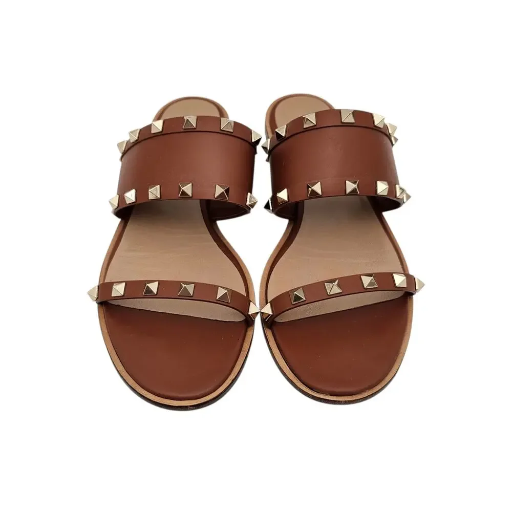 Valentino Garavani Rockstud Brown Leather Flat Sandal Strap Slide Gold Size 38 8